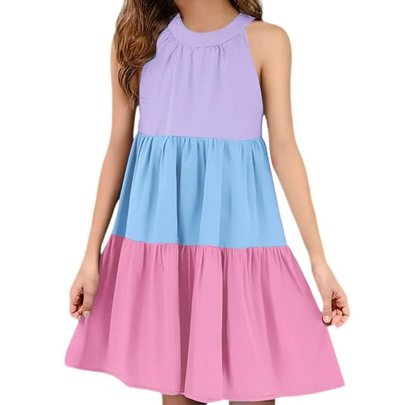 FAIWAD Girls Summer Dresses Sleeveless Ruffle Tiered Midi Casual Sundress Kids Cute Color Block Beach Party Dress