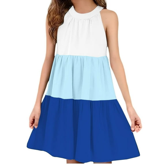 FAIWAD Girls Summer Dresses Sleeveless Ruffle Tiered Midi Casual Sundress Kids Cute Color Block Beach Party Dress