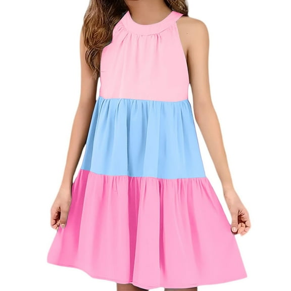 FAIWAD Girls Summer Dresses Sleeveless Ruffle Tiered Midi Casual Sundress Kids Cute Color Block Beach Party Dress