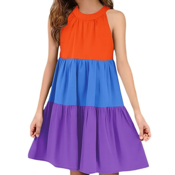 FAIWAD Girls Summer Dresses Sleeveless Ruffle Tiered Midi Casual Sundress Kids Cute Color Block Beach Party Dress