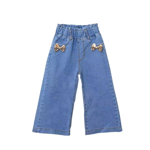 FAIWAD Girls Embroidery Jeans High Waist Stretchy Cute Trousers with Pocket Little Girl Wide Leg Loose Denim Pants
