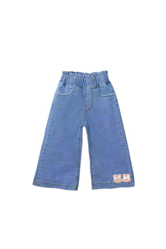Girls Embroidery Jeans High Waist Stretchy Cute Trousers with Pocket Little Girl Wide Leg Loose Denim Pants