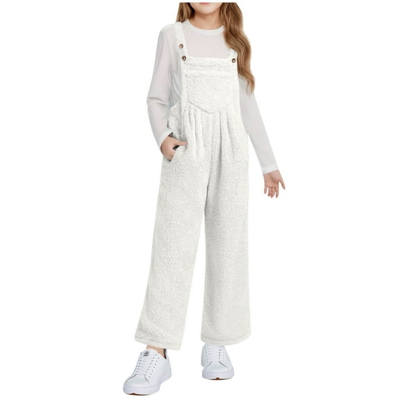 FAIWAD Girls Fleece Overalls Adjustable Straps Winter Warm Fuzzy Jumpsuit Kids Loose Casual Romper with Pockets