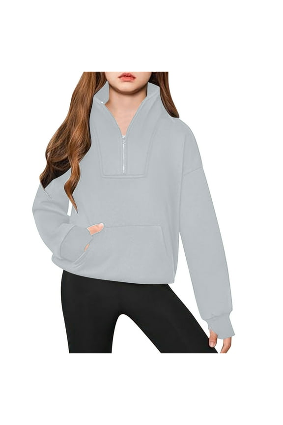 Girls Half Zipper Sweatshirts Long Sleeve Comfy Pullover Tops with Thumb Hole 5-14Y