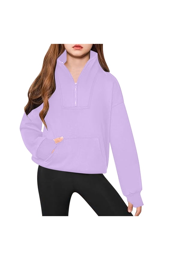 Girls Half Zipper Sweatshirts Long Sleeve Comfy Pullover Tops with Thumb Hole 5-14Y