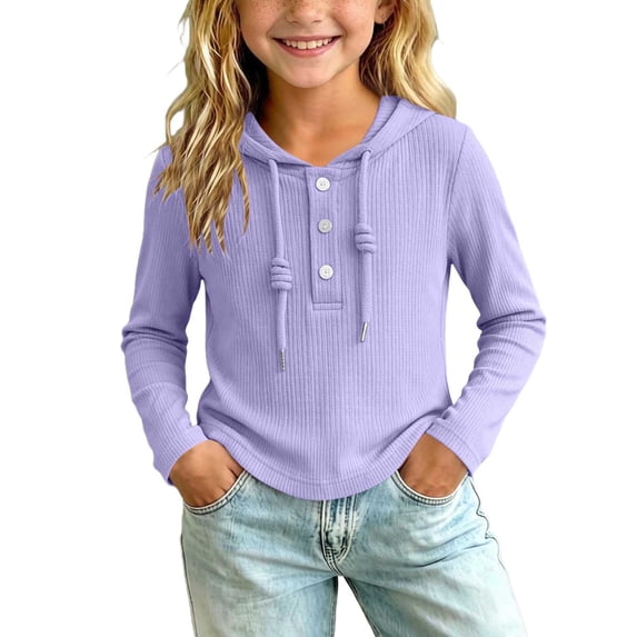 FAIWAD Girls Hooded Tops Long Sleeve Ribbed Knit Button Pullover Kids School Everyday Wear