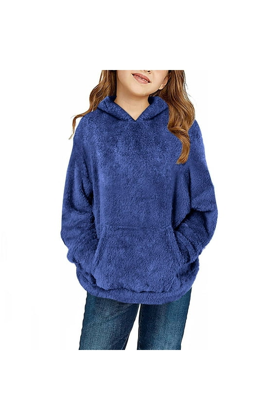 Girls Hoodies Fleece Sweatshirt Solid Color Plush Long Sleeved Pullover with Pockets Soft Fuzzy Clothes for Teen 4-14Y