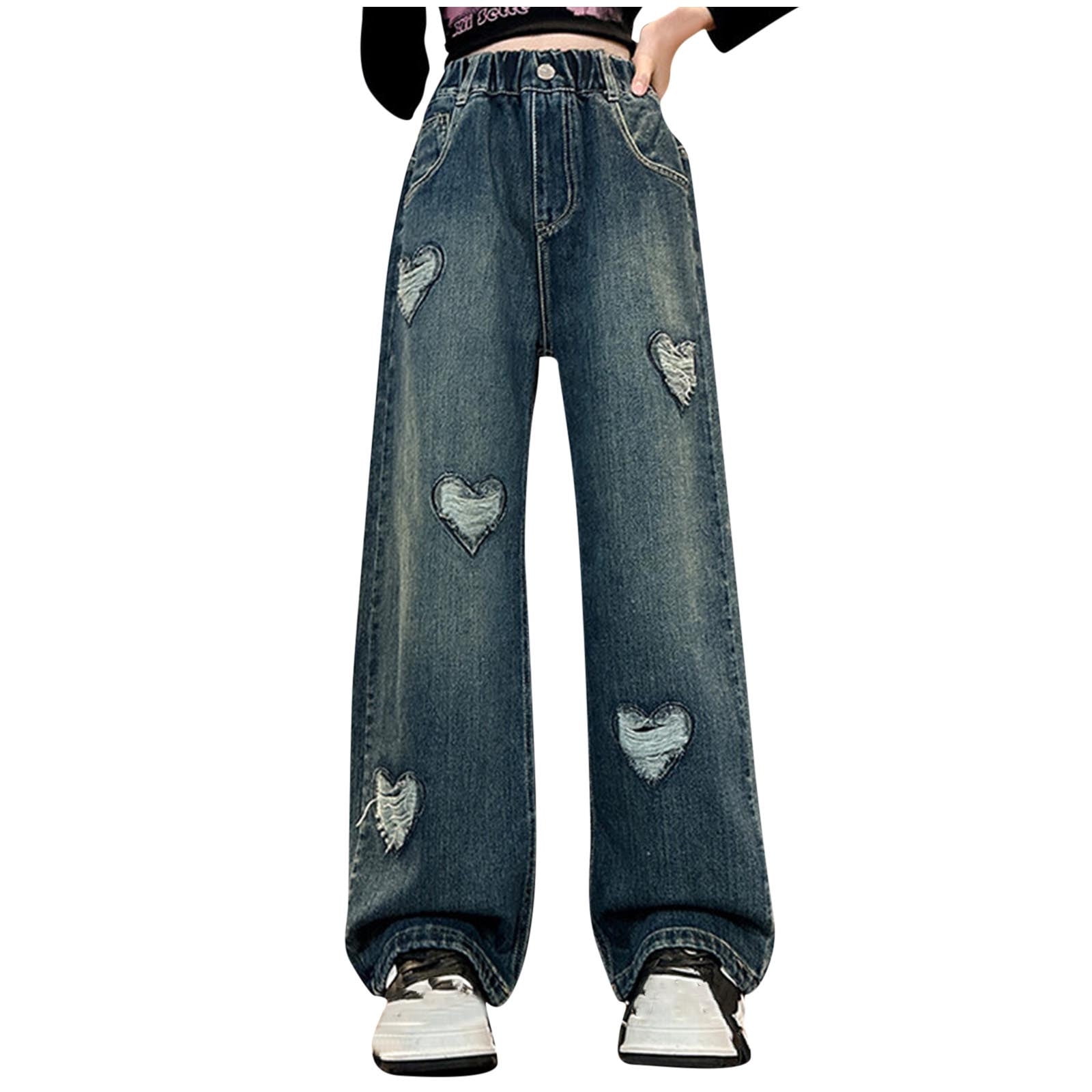 FAIWAD Girls Jeans Kids Elastic Waist Wide Leg Baggy Denim Pants
