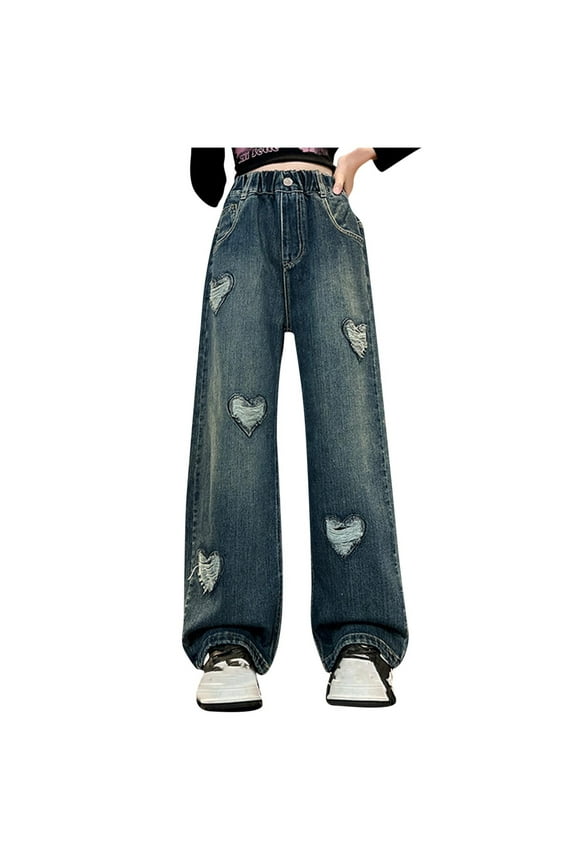 Girls Jeans Kids Elastic Waist Wide Leg Baggy Denim Pants with Pockets Casual Trendy Going Out Streetwear, 5-15Y
