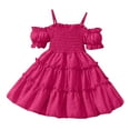 thumbnail image 1 of FAIWAD Girls Kids Summer Dresses Cold Shoulder Strape Puff Sleeve Cute Sundress Ruched Smocked Ruffled A-line Dress, 1 of 8