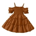 thumbnail image 1 of FAIWAD Girls Kids Summer Dresses Cold Shoulder Strape Puff Sleeve Cute Sundress Ruched Smocked Ruffled A-line Dress, 1 of 8