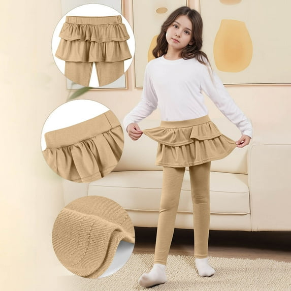 FAIWAD Girls Leggings with Skirt Kids Solid Color School Uniform Pants with Ruffle Skirt 3-14Years