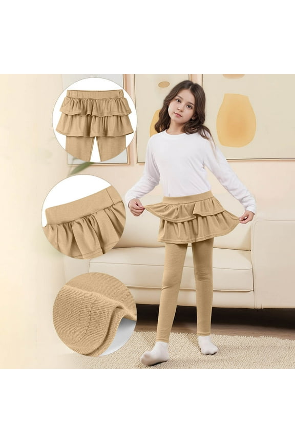 Girls Leggings with Skirt Kids Solid Color School Uniform Pants with Ruffle Skirt 3-14Years
