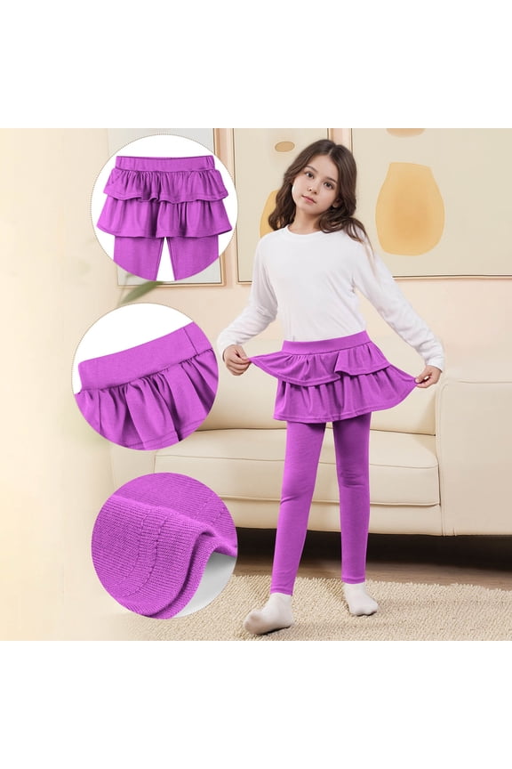 Girls Leggings with Skirt Kids Solid Color School Uniform Pants with Ruffle Skirt 3-14Years