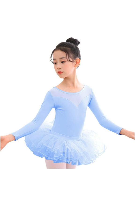 Girls Leotards Dance with Puffy Tulle Skirted Long Sleeve Round Neck Backless Dancewear