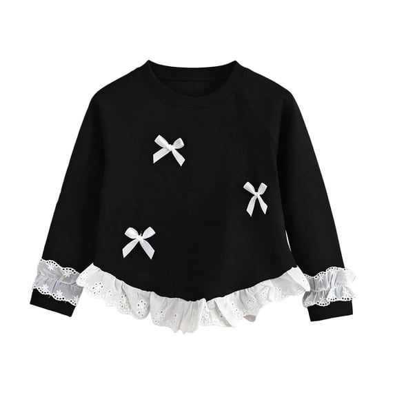FAIWAD Girls Long Sleeve Tops Crew Neck Ribbed Knit Casual Pullover Cute Lace Trim Bow Shirts