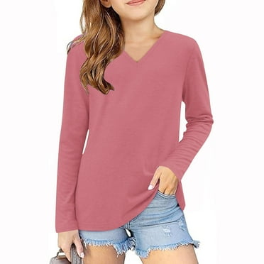 FAIWAD Girls Long Sleeve Tops Kids Soft Casual V Neck Tops Solid Color Basic Cute Clothes for Teen Girls