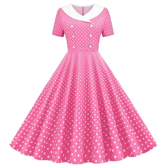 FAIWAD Girls Retro Dresses Double Breasted Notch Lapel Short Sleeve Cocktail Party Dress Polka Dot Vintage Dress 5-14 Years