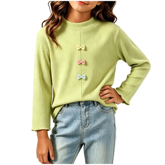 FAIWAD Girls Ribbed Knit Shirts Cute Long Sleeve Crew Neck Bow Tops Fall Casual Daily Clothes