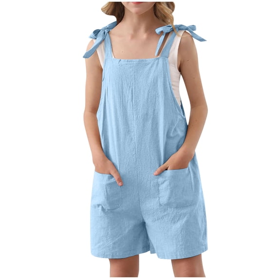 FAIWAD Girls Romper Sleeveless Adjustable Lace-Up Strap Short Jumpsuits Summer Clothes with Pocket