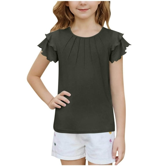 FAIWAD Girls Ruffle Short Sleeve Shirts Cute Summer Crew Neck Pleated Textured Blouse Tops Kids Solid Color Casual Tees
