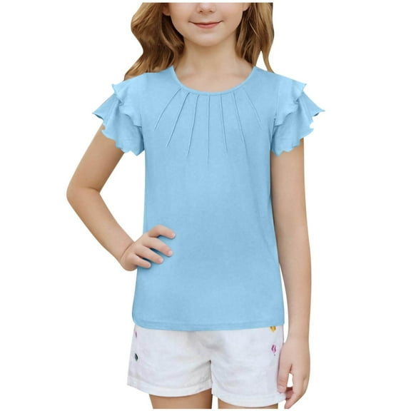 FAIWAD Girls Ruffle Short Sleeve Shirts Cute Summer Crew Neck Pleated Textured Blouse Tops Kids Solid Color Casual Tees