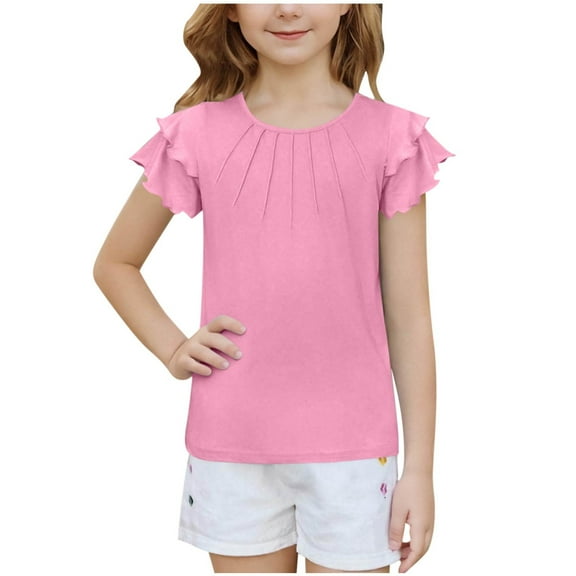 FAIWAD Girls Ruffle Short Sleeve Shirts Cute Summer Crew Neck Pleated Textured Blouse Tops Kids Solid Color Casual Tees