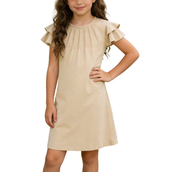 FAIWAD Girls Ruffle Sleeve Dress Kids Summer Crew Neck Pleated Front Casual Dress Solid Color A Line Sundress