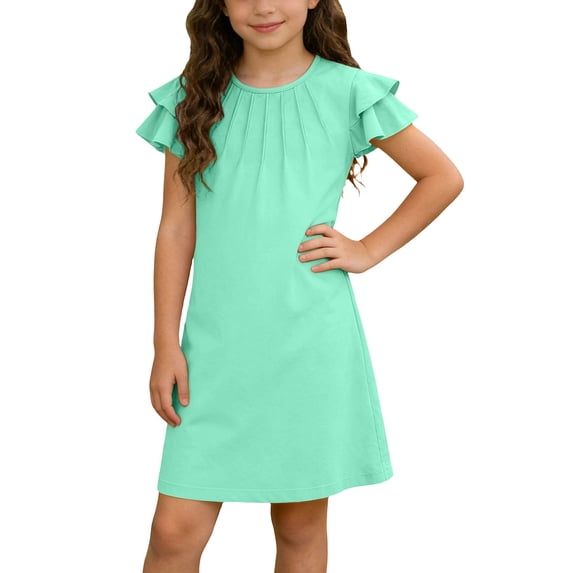FAIWAD Girls Ruffle Sleeve Dress Kids Summer Crew Neck Pleated Front Casual Dress Solid Color A Line Sundress