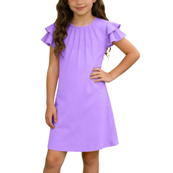 FAIWAD Girls Ruffle Sleeve Dress Kids Summer Crew Neck Pleated Front Casual Dress Solid Color A Line Sundress