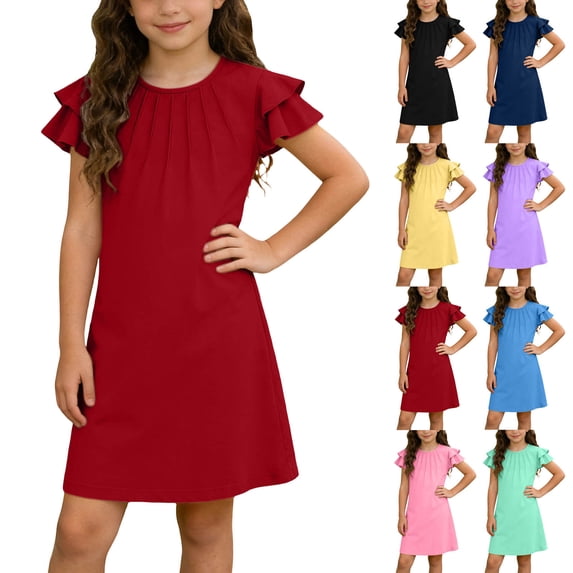 FAIWAD Girls Ruffle Sleeve Dress Kids Summer Crew Neck Pleated Front Casual Dress Solid Color A Line Sundress