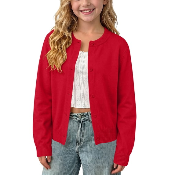 FAIWAD Girls School Uniform Knit Cardigan Kids Unisex Classic Solid Color Long Sleeve Button Down Sweater Cardigan