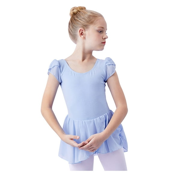 FAIWAD Girls' Short Sleeve Dance Leotards with Ruffle Skirt Button Open Crotch Dress