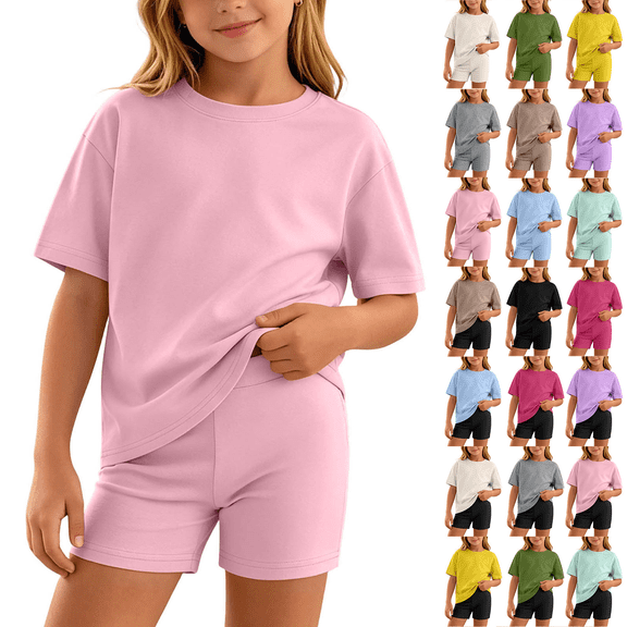 FAIWAD Girls Summer 2 Piece Outfits Short Sleeve Pullover Tops with Biker Shorts Kids Girls Clothing Sets