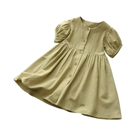FAIWAD Girls Summer Cotton Dresses Puff Sleeve Round Neck Button Up Sundress Casual Party Princess Dress