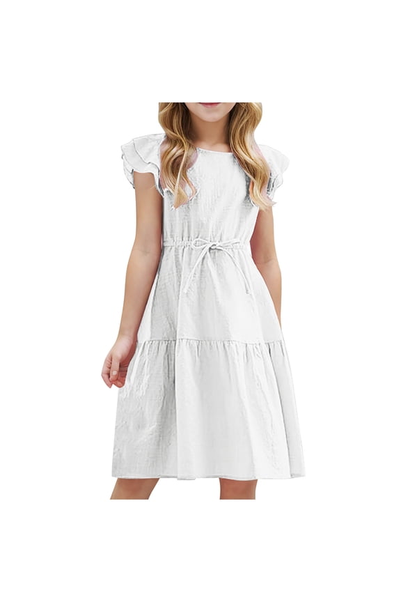 Girls Summer Cotton Linen Dress Summer Ruffle Sleeve Smocked Tiered Casual Sundress with Drawstring 4-14 Years