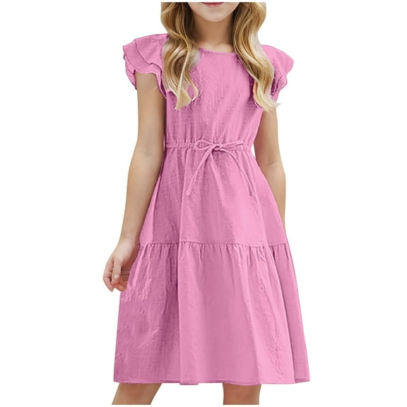FAIWAD Girls Summer Cotton Linen Dress Summer Ruffle Sleeve Smocked Tiered Casual Sundress with Drawstring 4-14 Years