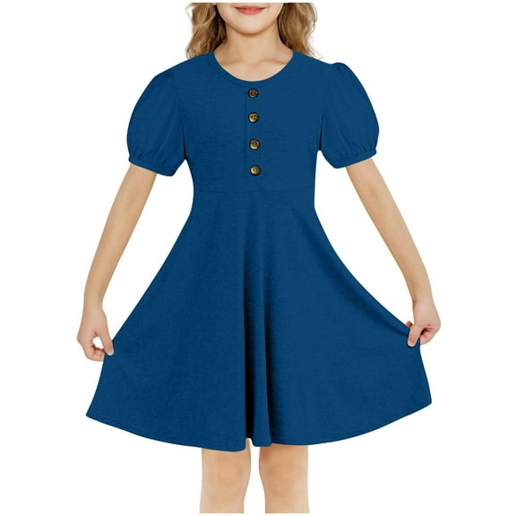 FAIWAD Girls Summer Dress Puff Sleeve Button Up A Line Tiered Dress for Party School Daily Outfit 5-15 Years