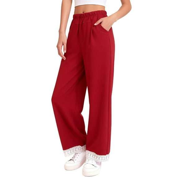 FAIWAD Girls Sweatpants Elastic Waisted Straight Leg Trousers with Pockets Lace Patchwork Solid Color Pants