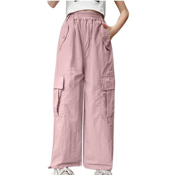 FAIWAD Girls Trendy Cargo Pants Solid Color Elastic Waist Lightweight Joggers Teen Baggy Comfy Multiple Pockets Trousers