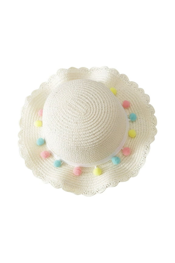 Girls Wide Brim Straw Hat Kids Casual Foldable Vacation Sun Hats Cute Pompom Breathable Beach Cap