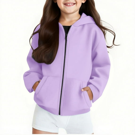 FAIWAD Girls Zip Up Hoodies Long Sleeve Plain Dropped Shoulder Sweatshirts Kids Casual Athletic Coats with Pockets 4-14Y