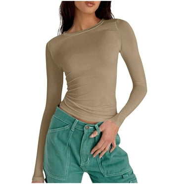 FAIWAD Going Out Tops for Women Long Sleeve Crew Neck Shirts Basic Layering Workout Slim Fitted Tops Streetwear