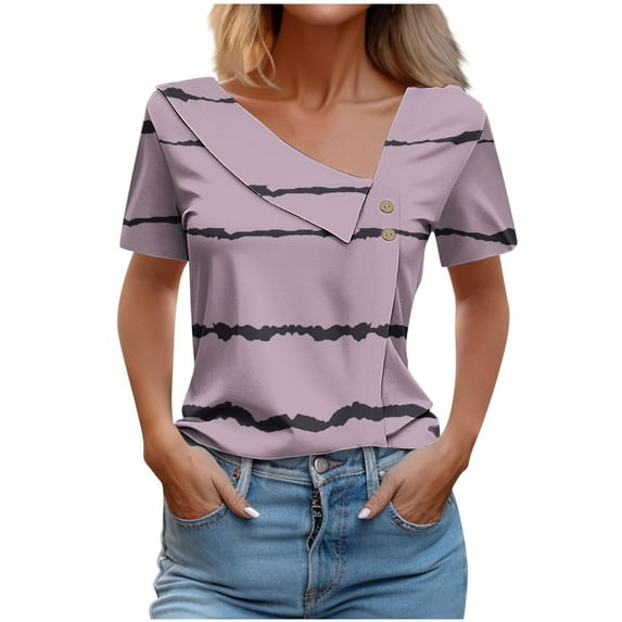 FAIWAD Going Out Tops for Women Short Sleeve Shirts Button Lapel Collar Tshirts Striped Print Dressy Blouse