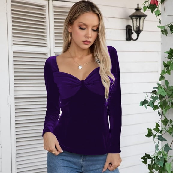 FAIWAD Going Out Tops for Women Velvet Long Sleeve Sweetheart Neckline Shirts Velour Dressy Casual Work Business Blouse