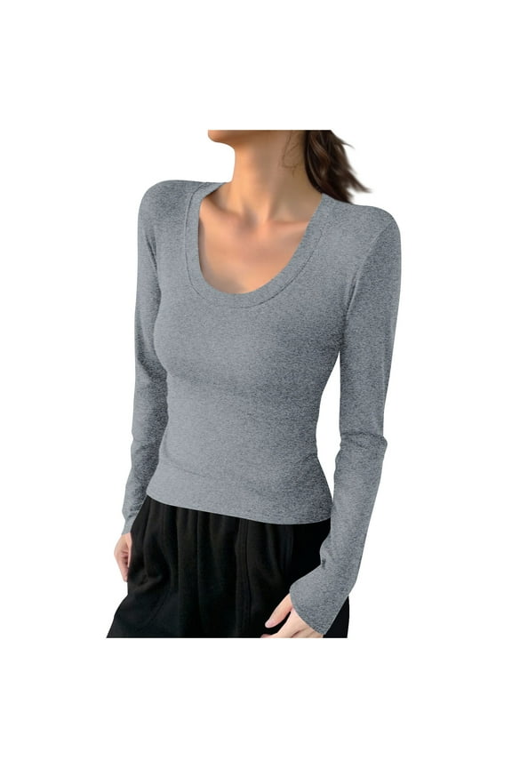 Going out Tops for Women Long Sleeve Scoop Neck Slim Fitted Shirts Casual Basic Layering Undershirts
