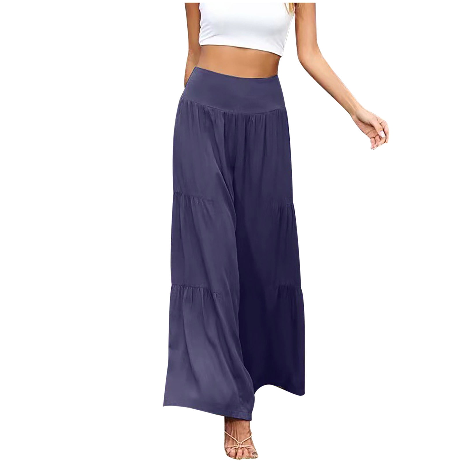 FAIWAD High Waisted Elastic Wide Leg Trousers for Women Drawstring Straight  Ruched Trouser Ladies Elegant Pants (Medium, Navy) 