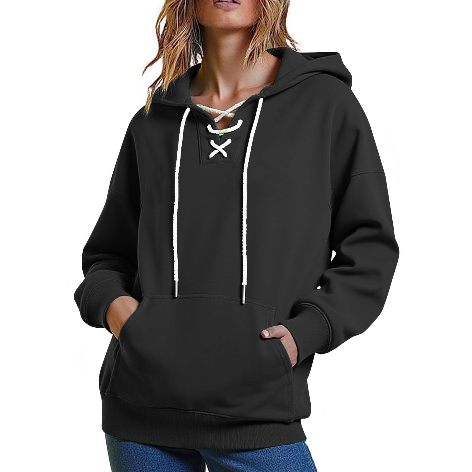Women's Baseball Print Hoodie - Lace Up V Neck Pullover Sweatshirt With Pocket - View #9