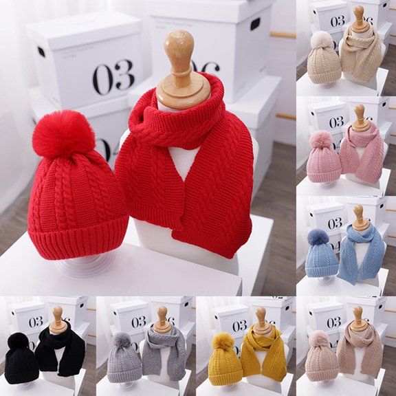 FAIWAD Kids 2pc Winter Hat Scarf Set Toddler Boys Girls Knitted Beanie Fleece Thicken Outfits Children 1-4 Years