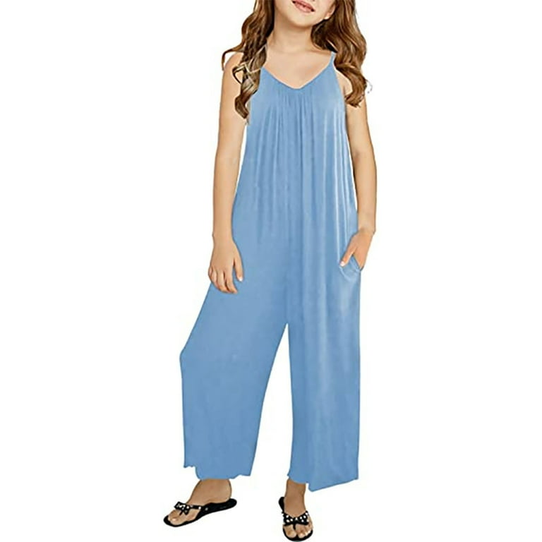 FAIWAD Kids Girls Casual Jumpsuits Sleeveless Summer Rompers Baggy Spaghetti Strap Jumpers with Pockets Walmart